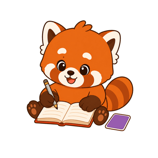 Yoo the red panda studying with a pencil and notebook