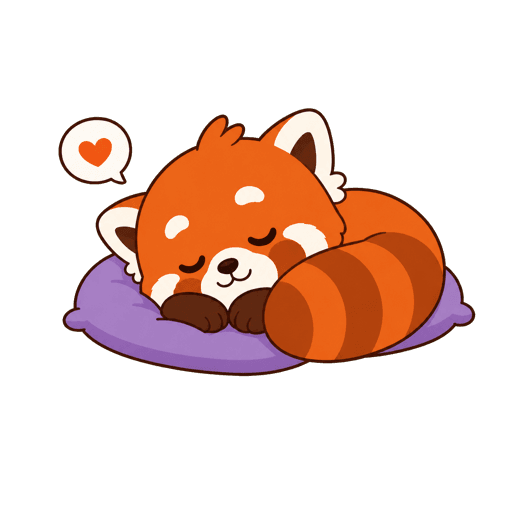 Yoo the red panda sleeping on a purple cushion