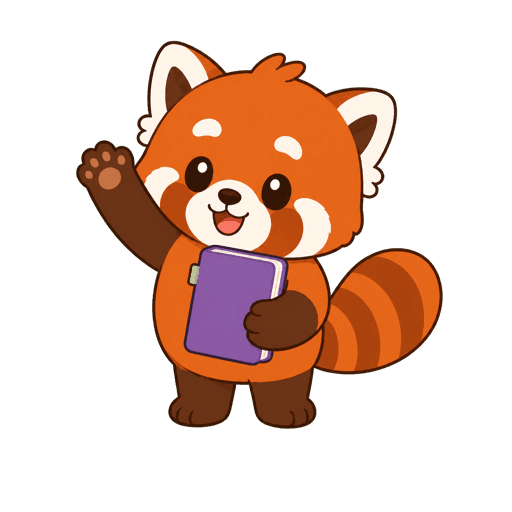 Yoo the red panda waving with a purple notebook